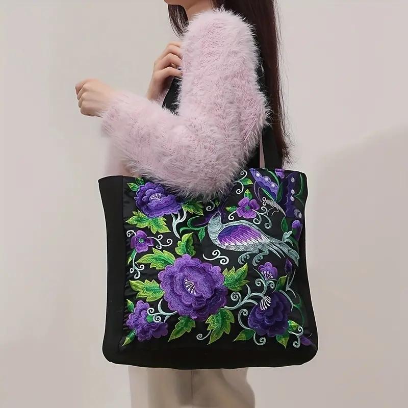 Flower Embroidery Canvas Tote Bag, Ethnic Style Shoulder Bag, Large Capacity Handbag For Women KTY