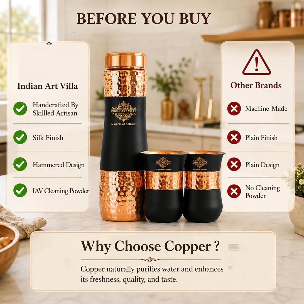Copper Drinkware Black Silk Finish, Set of 2 Glass and 1 Bottle, Volume - Glass 300 ML, Bottle 1000 ML