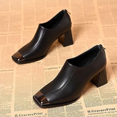 2025 новый французский темперамент квадратный носок высокий каблук женские Оу Руофэн мягкая кожа толстый каблук туфли-лодочки весна и осень кожаная обувь