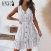 Ruffle Hem Dress Breathable Women Casual V Neck Holiday Loose Dress