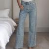 Faux Pearl Jeans for Women High Waist Straight Leg Stretch Denim Pants Casual Wide Leg