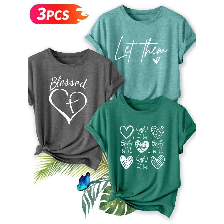 Three-piece set Elegant short-sleeved dress for women Christian Faith Love Print Crew Neck T Shirt Suitable for spring
