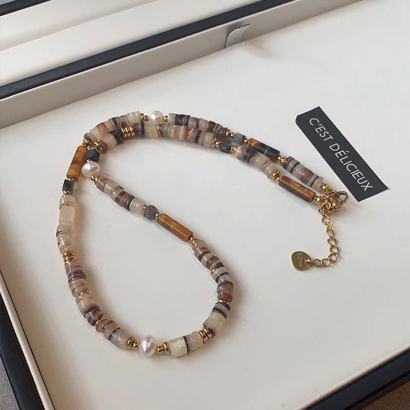 Натуральный пресноводный жемчуг и тигровый глаз богемное ожерелье - осенне-зимняя французская ретро ключичная цепочка для женщин