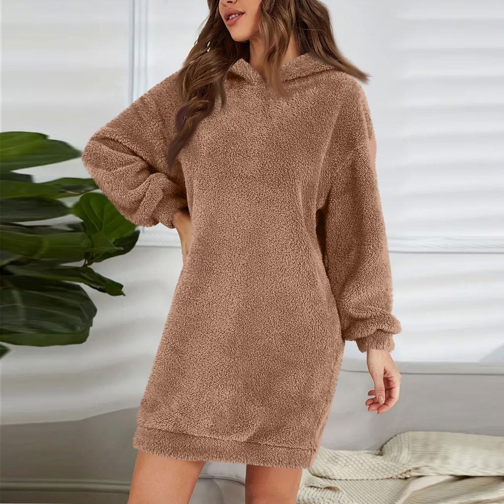 Женское модное однотонное плюшевое платье с капюшоном и длинными рукавами, свободная повседневная толстовка