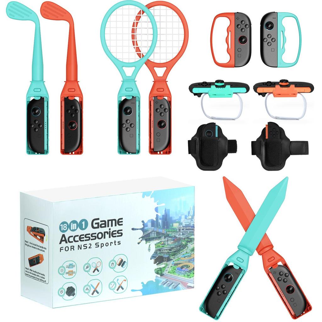 18-in-1 Switch Sports Accessories Bundle for Switch 2 Joy-Con with Tennis, Golf, Bowling, Sword Props, Leg & Wrist Straps-Motion Control Game Kit