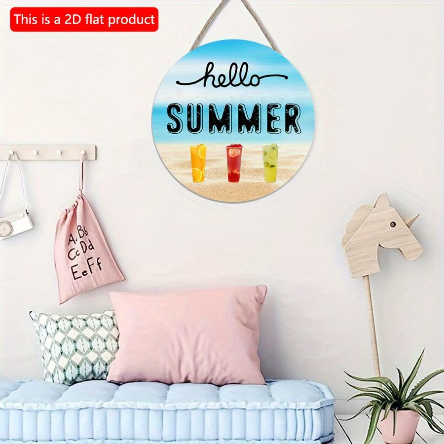 2D Flat 20*20cm 1pc Cool Hello Summer Wall Hanging Decor, Ocean Beach scenery&Cool Fruit Tea Pattern Round Wood Art Plaques, Terrific Door Sign for