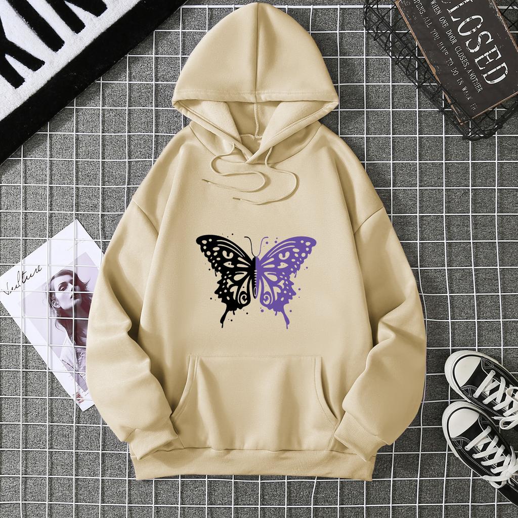 Top Casual Soft Women Hoodie White and Purple Butterfly Personality Funny Women Fashion Wool Hoodie Loose Sports Shirt