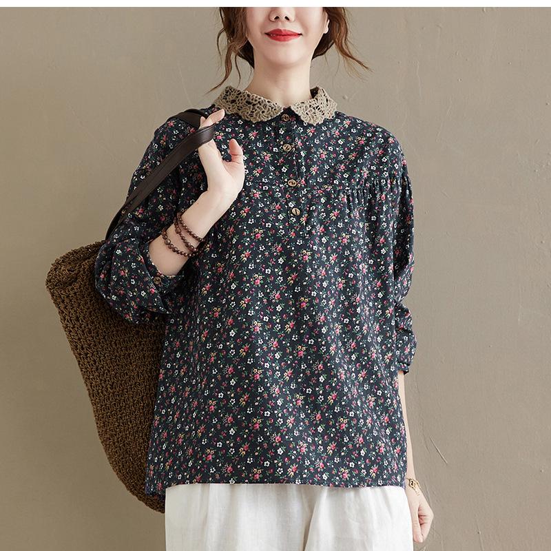 Осенняя свободная рубашка из хлопка и льна с цветочным принтом в стиле ретро с длинными рукавами для женщин Блузки и рубашки