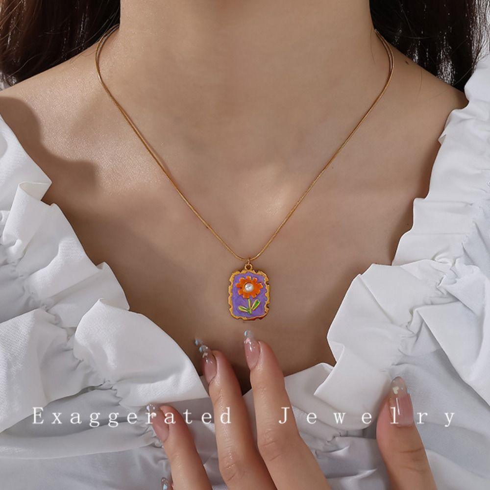 Dripping Oil Stainless Steel Chain Necklace Flower Clavicle Chain Sunflower Enamel Necklace  Girls