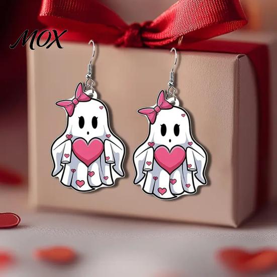 Drop Earrings Pink Heart Ghost Earrings, Cute with Bow Lightweight Acrylic Halloween for Girls Women Durable