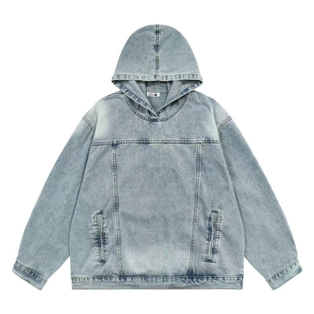 Men's Retro Hong Kong Hooded Denim Jacket - Japanese Style, Loose Fit Pullover for Spring/Autumn.