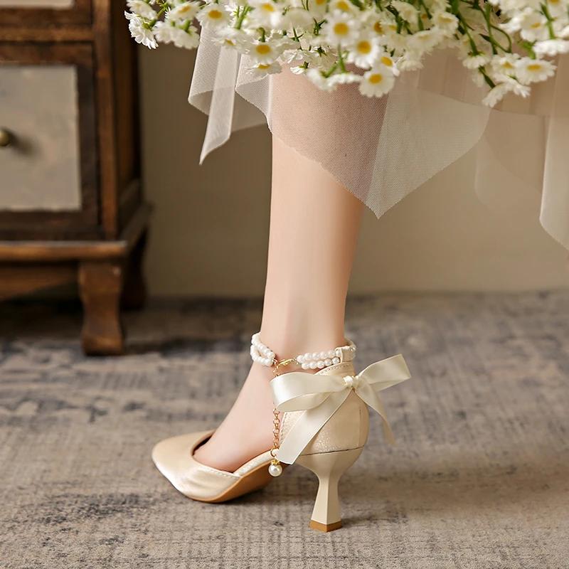 Women's High Heels Summer New Pointed Pearl Bow Wedding Shoes Casual Fashion Slim Heel Shoes Mary Jane Shoes