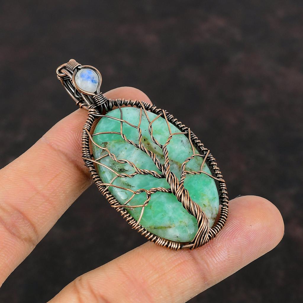 Древо Жизни Подвеска с хризопразом Медная проволока Обернутые ювелирные изделия Драгоценный камень Медный кулон Радуга Лунный камень Ювелирные изделия Подарок для него Подвеска ручной работы