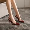 Burgundy Rhinestone Trimmed High Heels Women's Pointed Head Patent Leather Sexy French Single Shoes Light Mouth Stiletto One Word with Sandals
