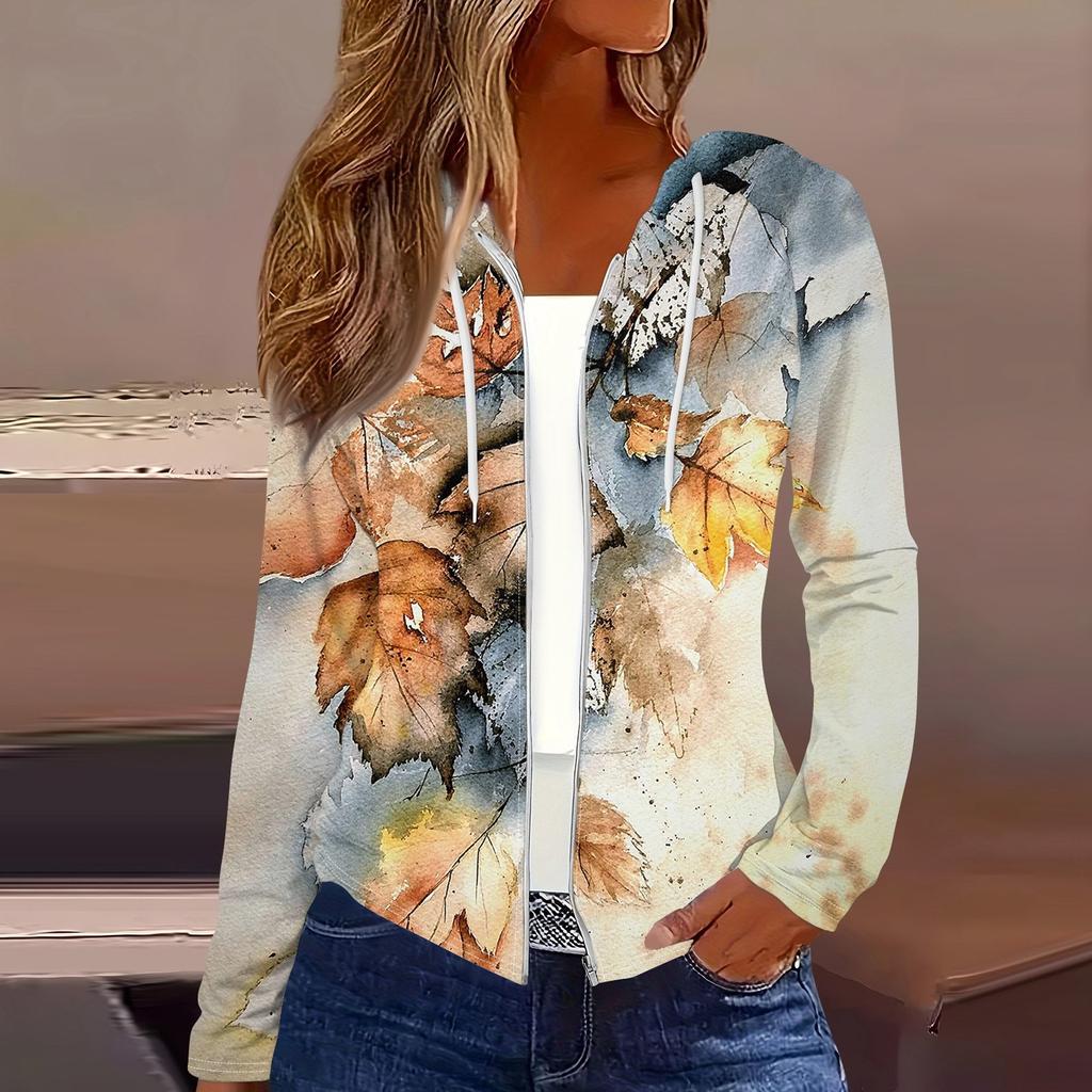 Women's Fashion Casual Zip Up Hooded Print Long Sleeve Sweatshirts Coat
