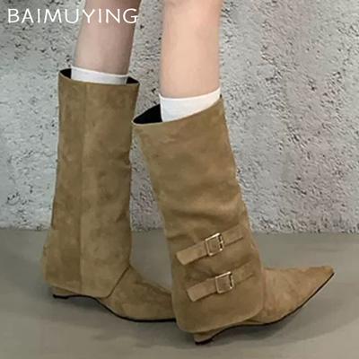 Замшевые женские высокие сапоги с острым носком, модные новые туфли на среднем каблуке 2025 года, дизайнерские сапоги средней длины для зимы в готическом стиле Botas De Mujer