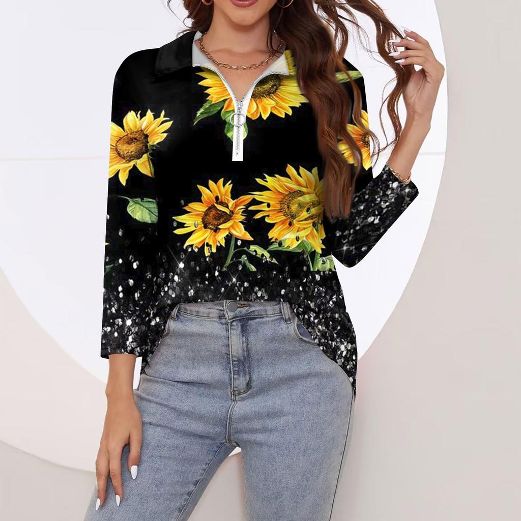 Женская повседневная футболка с v-образным вырезом и семью рукавами, пуловер с половиной молнии и принтом подсолнечника