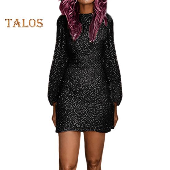 Осенне-весеннее женское платье с длинными рукавами-фонариками, круглым вырезом и пайетками, облегающее мини-платье для выпускного вечера, банкета, короткое платье