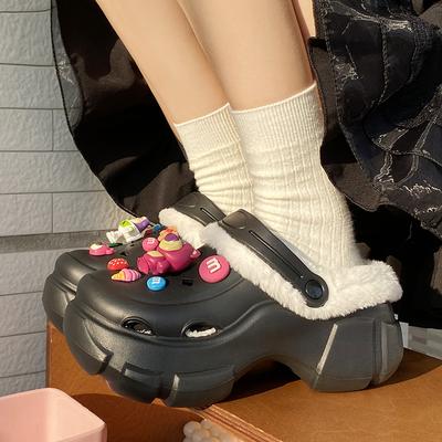 Модные мультяшные пушистые сабо женские зимние домашние плюшевые увеличивающие рост домашние туфли женские черные женские домашние тапочки на платформе