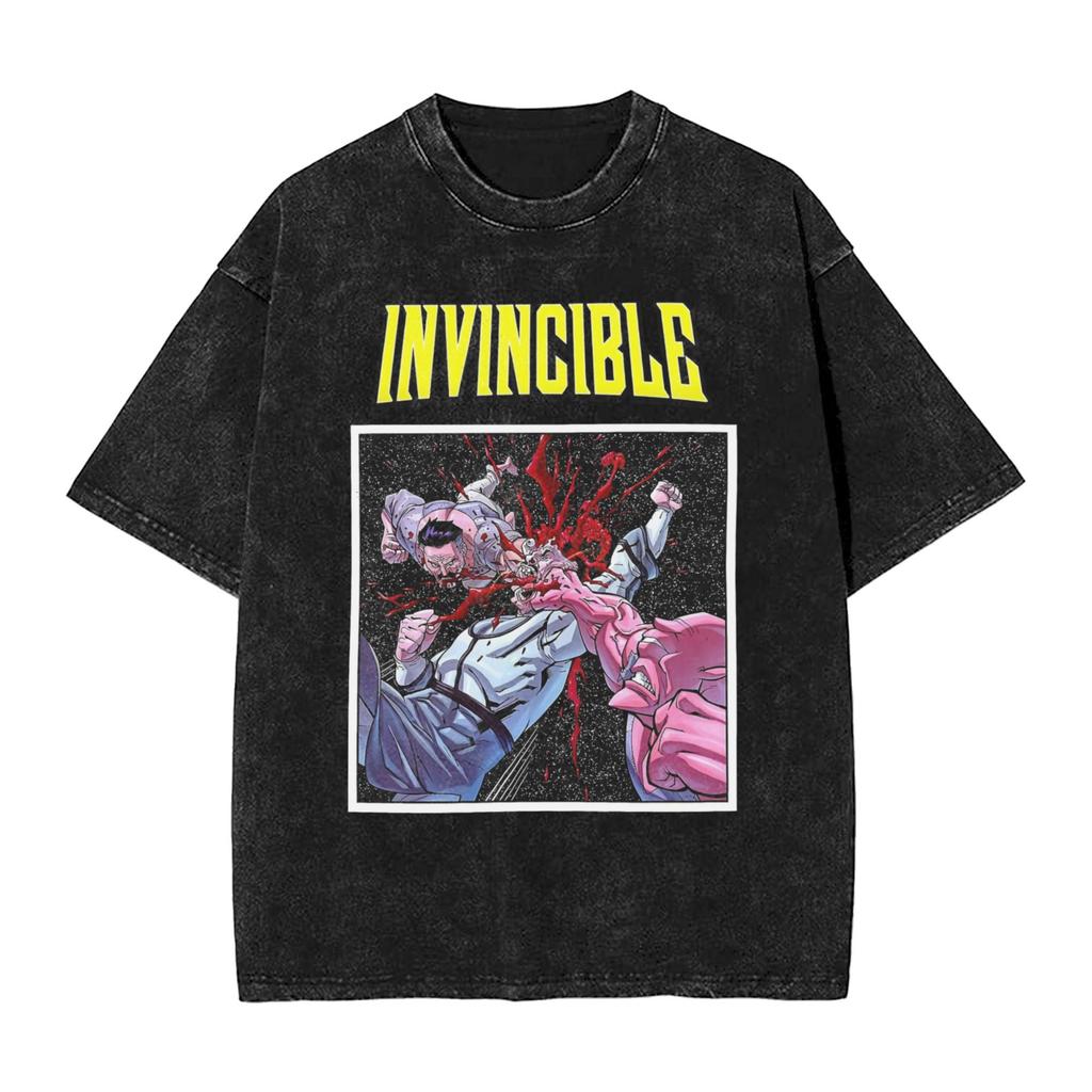 Vintage Washed Oversized TShirt InvincibleSuperhero Print Cotton Casual Short Sleeve Retro Streetwear Tee for Men Women