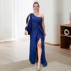 Lady Evening Dress One Shoulder Single Open Sleeve Split Hem Solid Color Slim Waist Pleated Knot Decor Solid Color Prom