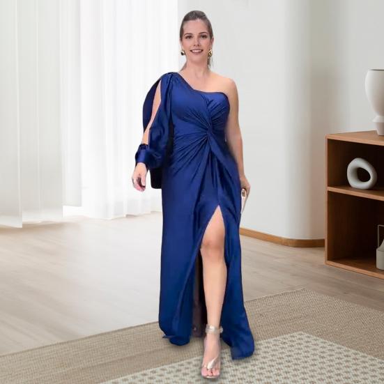 Lady Evening Dress One Shoulder Single Open Sleeve Split Hem Solid Color Slim Waist Pleated Knot Decor Solid Color Prom