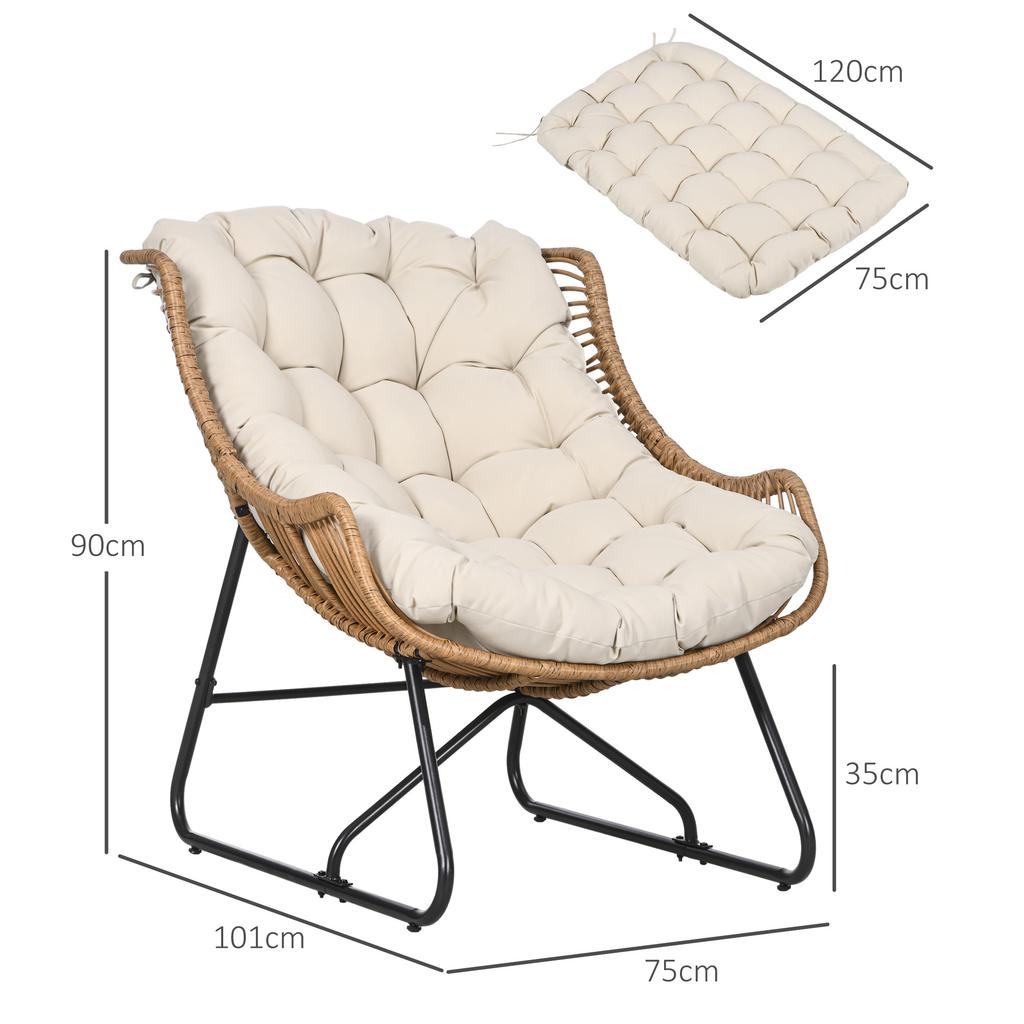 Garden Lounge, Rattan Look, Outdoor Armchair, with Cushion, Metal Frame, 75x101x90 cm, Natural/Khaki/Black