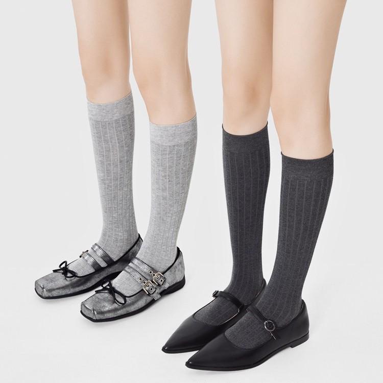 Smoke Gray Vertical Stripe Cotton Mid-Calf Socks: Women's Korean Runway Style for Spring & Autumn