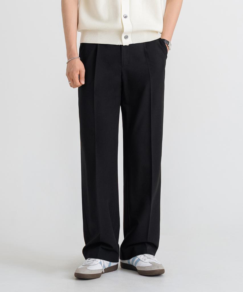LEMAIN SECOND Single-Pleat Semi-Wide Hidden Elastic Waist Slacks [Black]