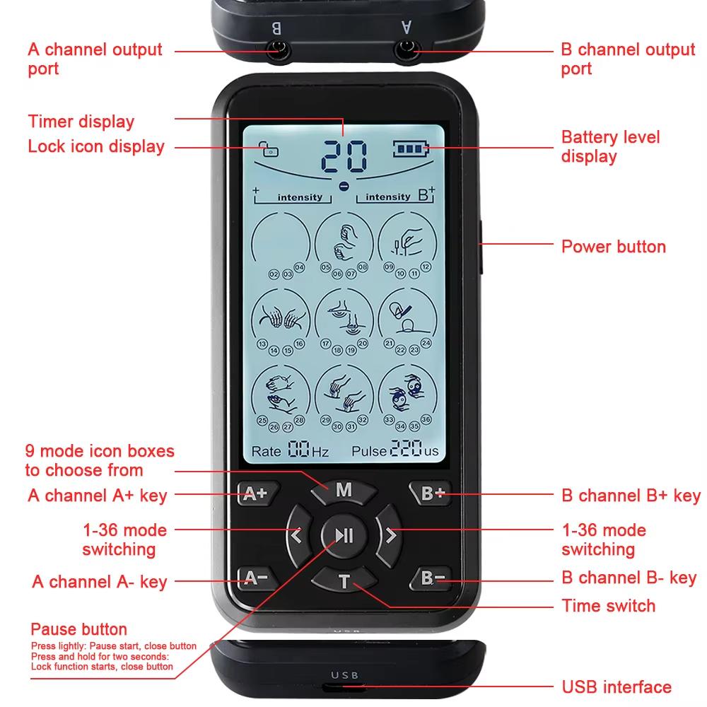 36 режимов Электрический Tens Relax Мышечный стимулятор EMS Акупунктурный массажер для тела Цифровая терапия Машина для похудения Электростимулятор