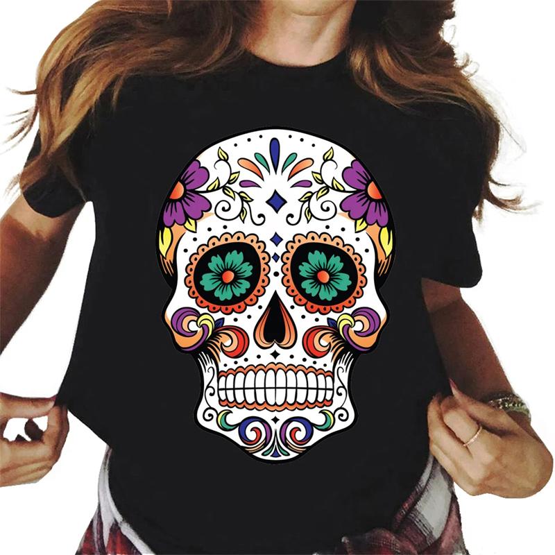 Harajuku Women's T-shirt Fashion Horror Skull Print Personality T-shirt Daily Casual Short Sleeved Unisex Top