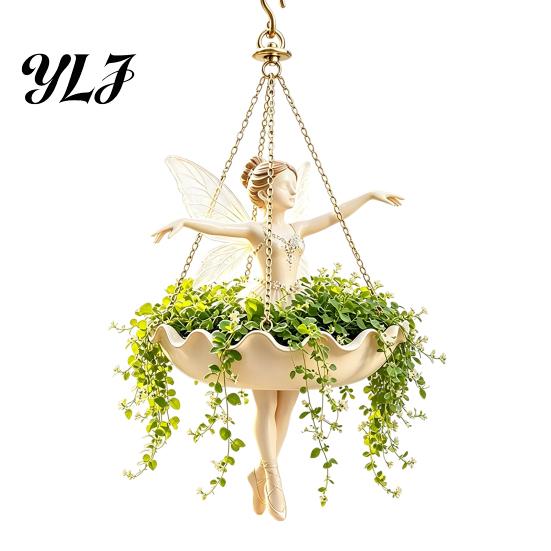 Creative Yard Ornament Fairy Ballet Dancer Mermaid Hanging Planter, Resin Decorative Flower Pot with Metal Chain, Garden Landscaping Accessories