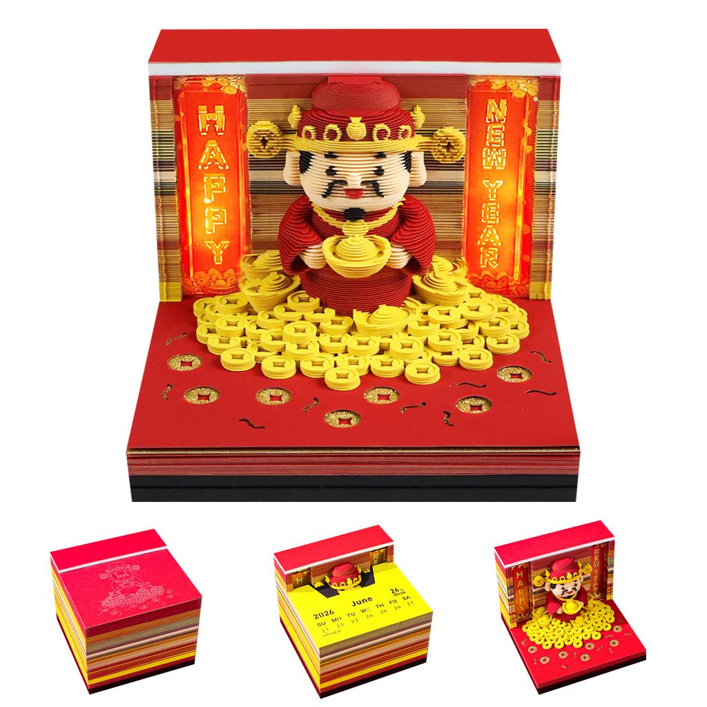 Creative Paper Craft 3D Calendar Memo Pad Fortune God 3D Tear Off Layered Paper Cube with LED Glow New Year Miniature Sculpture