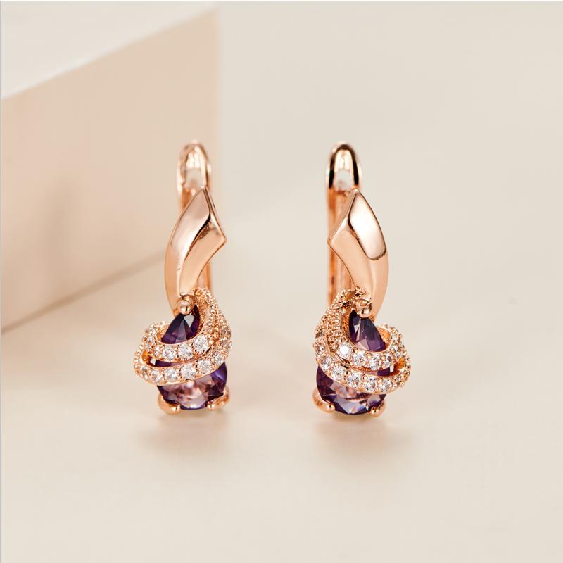 1 Pair Rose Gold Color Teardrop Cut Purple Stone Clip On Claw Earrings Drop Dangle Spiral Earrings Wedding Jewelry