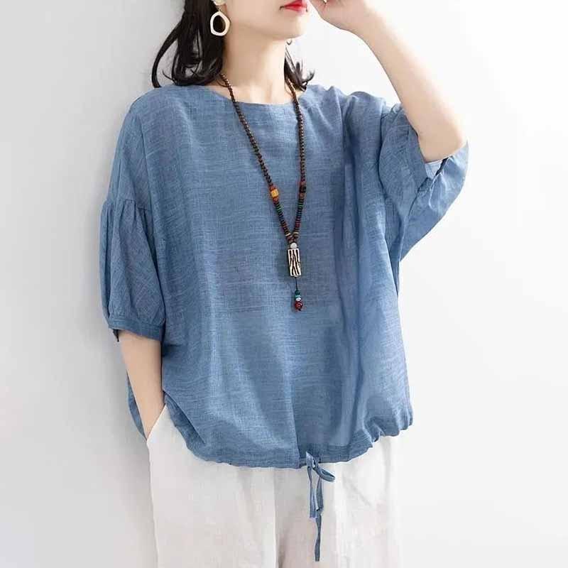 Свободная повседневная футболка большого размера женская с рукавами средней длины, с круглым вырезом и кулиской по низу типа «летучая мышь», пуловер, лето