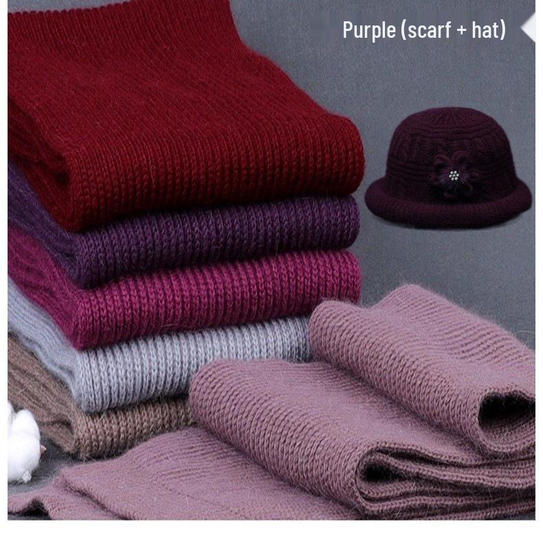 Warm Wool Knit Hat & Scarf Set for Middle-Aged & Elderly Ladies - Thickened Velvet for Autumn & Winter