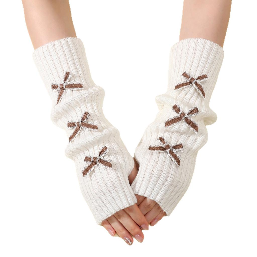 Bow Gloves for Women In Autumn and Winter Knitted Warm College Style Mid Length Stacked Sleeves Fingerless Arm Sleeves