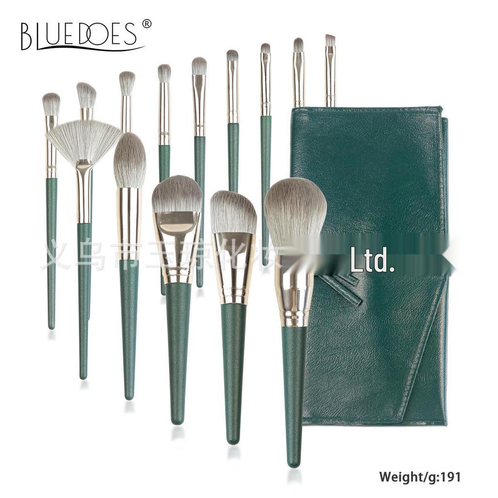 Зеленый облачный набор из 14 кистей для макияжа для начинающих – Тональная основа, Тени для век, Фиксирующая пудра