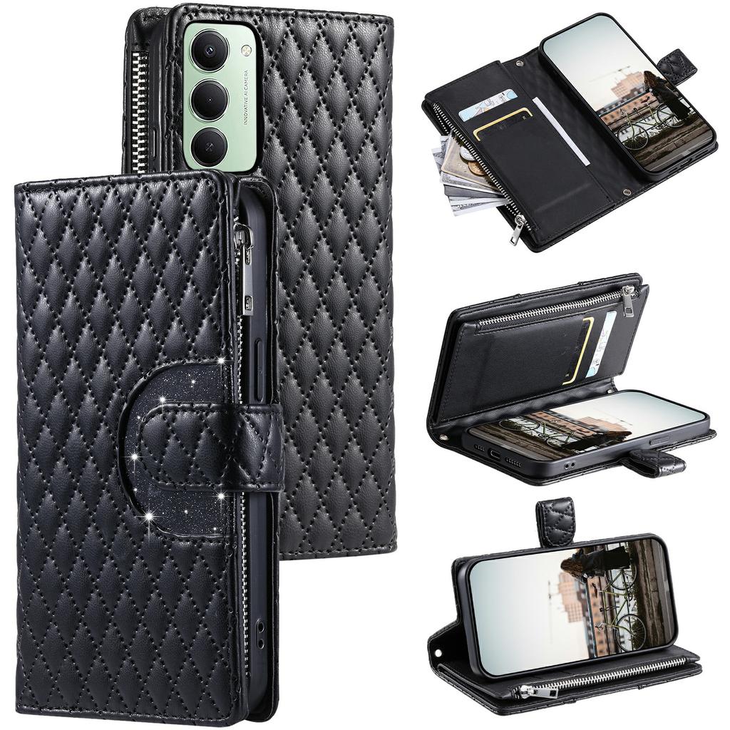 For Xiaomi Redmi 15 5G (EU) (171mm)/4G (EU) (171mm) Case Zipper Pocket Glitter Leather Phone Cover with Wrist Strap