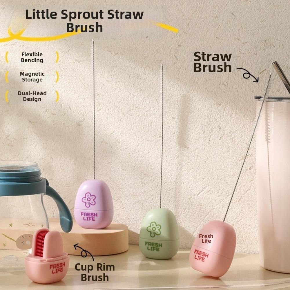 Flower Pattern 2-in-1 Straw Brush Magnetic Cup Lid Brush Cup Cap Brush Household Cleaning
