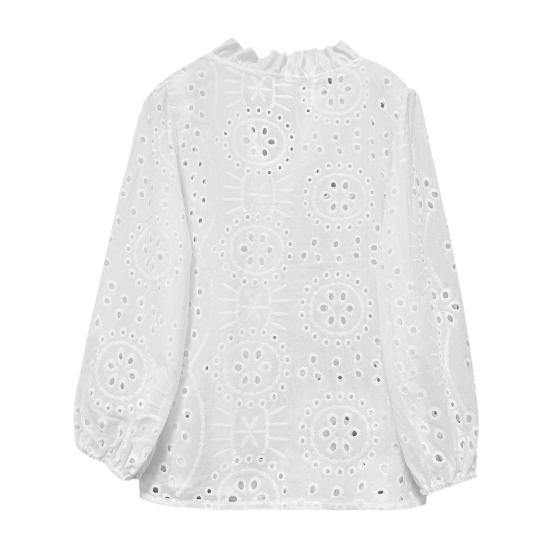 Women Shirt V-Neck Lantern Long Sleeve Single Breasted Shirt Tops Ruffle Details Hollow Design Casual
