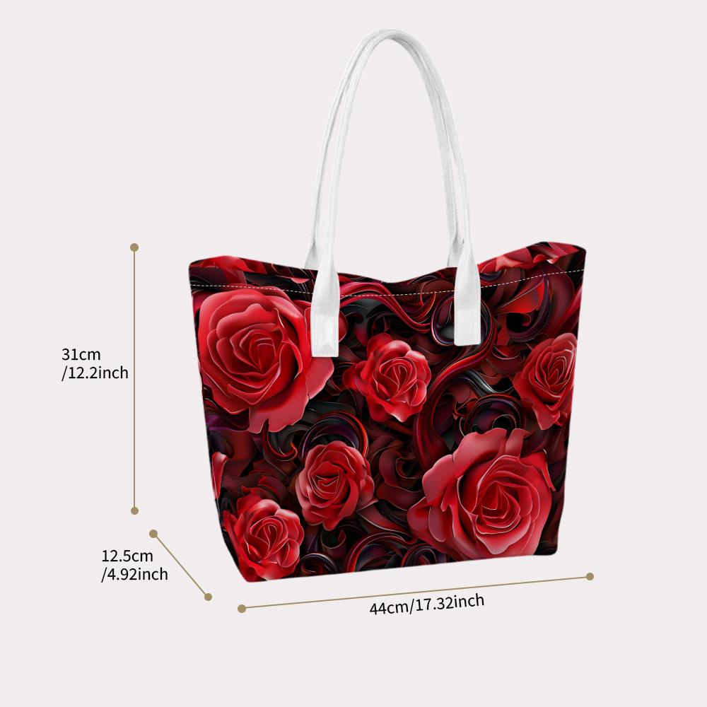 Elegant Rose Pattern Women Tote Bag Fashionable Large Capacity Daily Shopping Carry Handbag