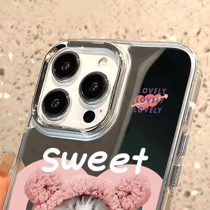 Korean Cute Cartoon Cat Mirror Phone Case For iPhone 15 Pro Case iPhone 14 11 12 13 Pro Max X XS XR Shockproof Love Heart Cover