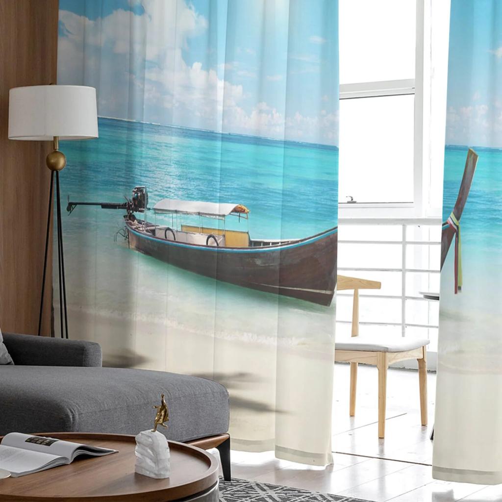 Тюлевые шторы с океаном и кокосовой пальмой для спальни, зала, гостиной, декор, шифоновые шторы для балкона, кухни, домашние шторы