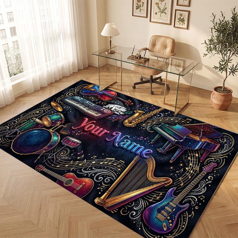 Music Theme Soft Crystal Velvet Rug Custom Name & Text Print Non Slip Floor Rug for Bedroom Living Room