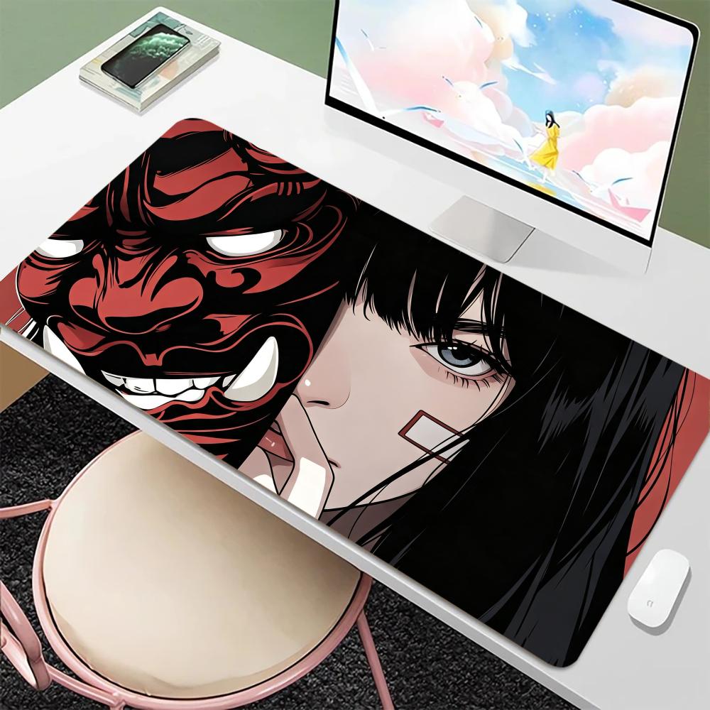 Anime Girls Samurai Oni Mask Mousepad Large Computer Gaming Accessories 400x900mm Gamer Mouse Mat Office Rubber Long Desk Mats