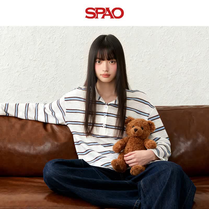 Женская футболка SPAO в полоску с длинным рукавом и воротником-хенли