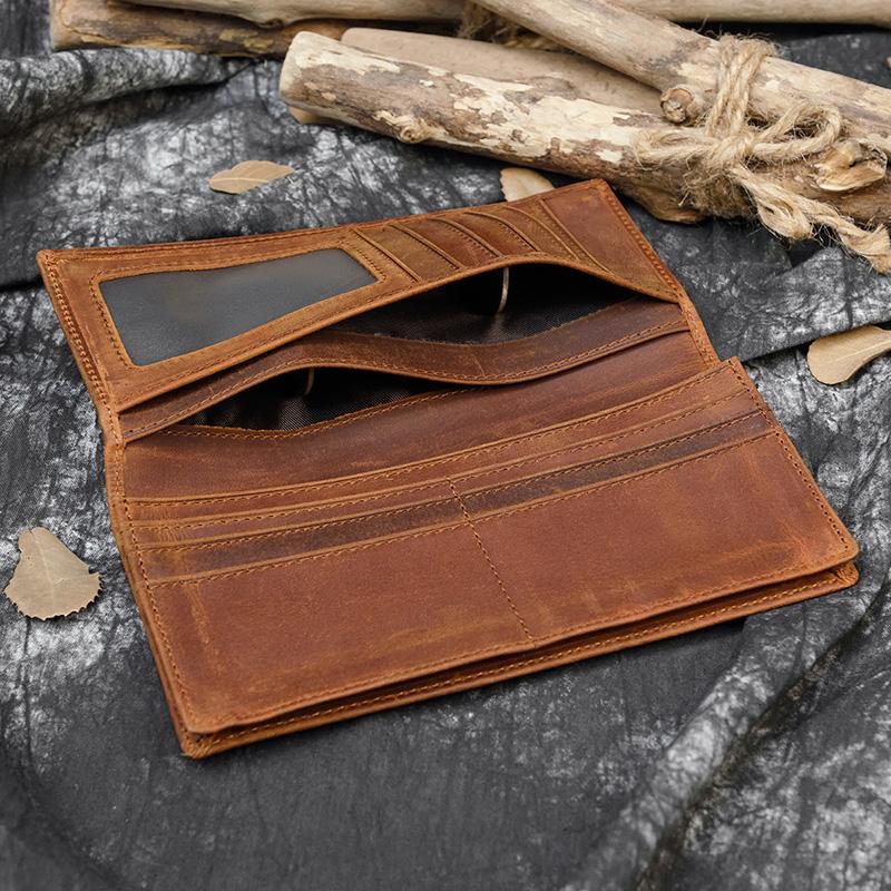 Luufan Vintage Men Women Long Purse Wallet Credit Card Inner Zip Pocket Wallets Bifold Crazy Horse Long Wallet Male Female Purse