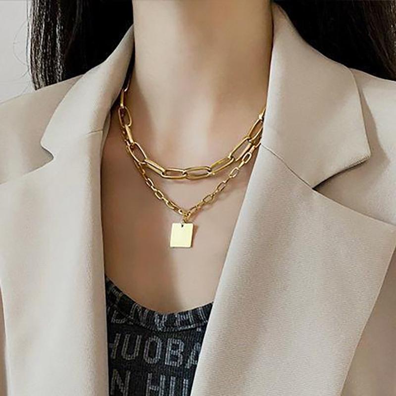 Retro Double Layer Hip Hop Square Chain Short Necklace Punk Gothic Punk Jewelry for Women Men