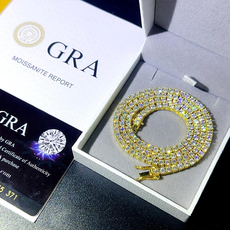 New Unisex Hip Hop Moissanite Tennis Chain for Women Original 925 Silver Gold Man Moissanite Bracelet Chain Hiphop